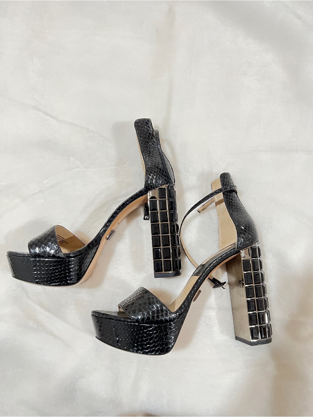 Black Platform Block Heel Sandals Nikki Crystal
